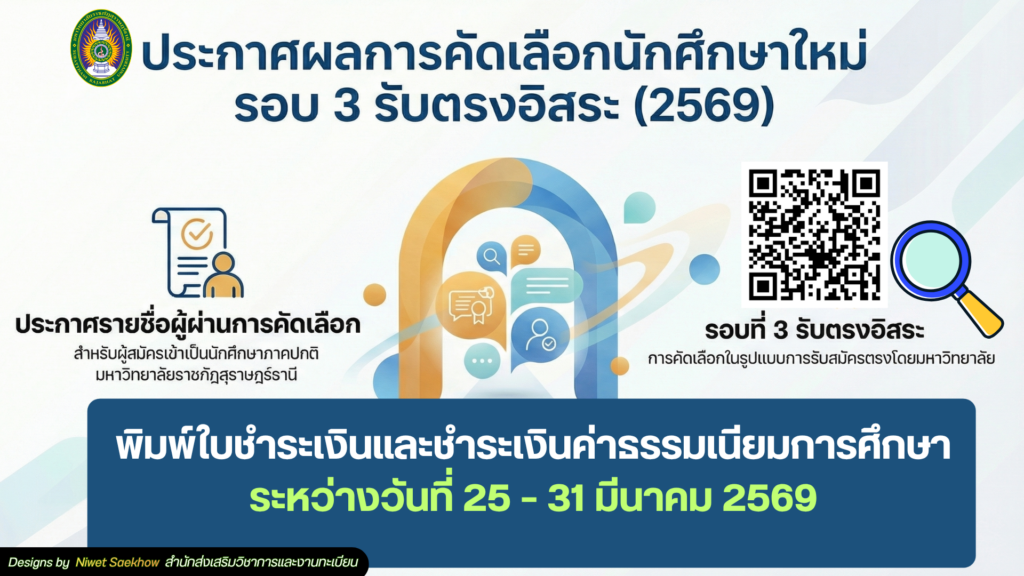 ประกาศมหาวิทยาลัยราชภัฏสุราษฎร์ธานี รายชื่อผู้ผ่านการคัดเลือกเข้าเป็นนักศึกษาภาคปกติ รอบ 3 รับตรงอิสระ ประจำปีการศึกษา 2569